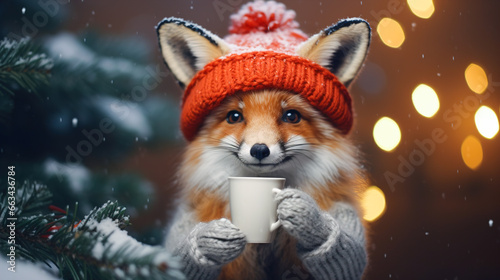 A cheerful cute fox in a knitted hat drinks cocoa from a cup against the background of a winter forest with fir trees, snow and colorful lights. Postcard for the New Year holidays.