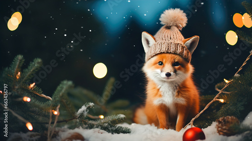 A cheerful cute fox in a knitted hat against the background of a winter forest with fir trees, snow and colorful lights. Postcard for the New Year holidays.