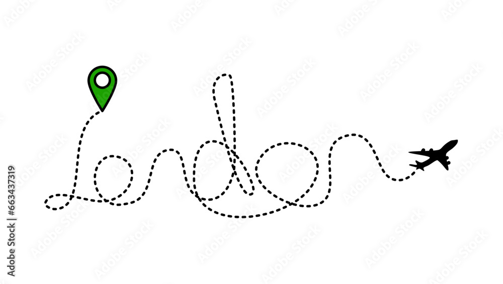 flight to London, Airline 'non stop' lucky line path vector icon of air plane flight to London , route with start point and dash line trace flight to London, Airline 'non stop' lucky line path vector icon of air plane flight to London , route with start point and dash line trace