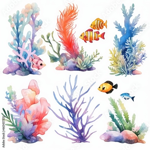 Underwater Sea element in watercolor on the white background.