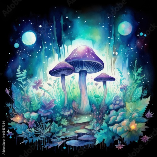 Watercolor Magical Mushrooms for T-shirt Design.