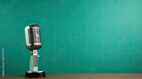 retro microphone with a turquoise wall background