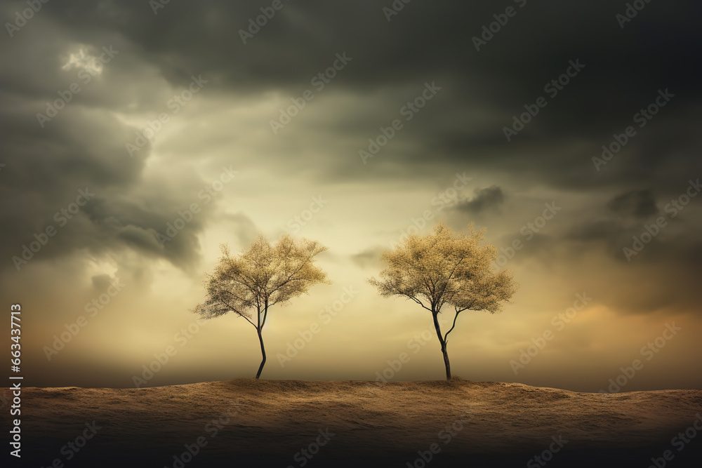 two trees with a dark cloudy sky, generative ai 