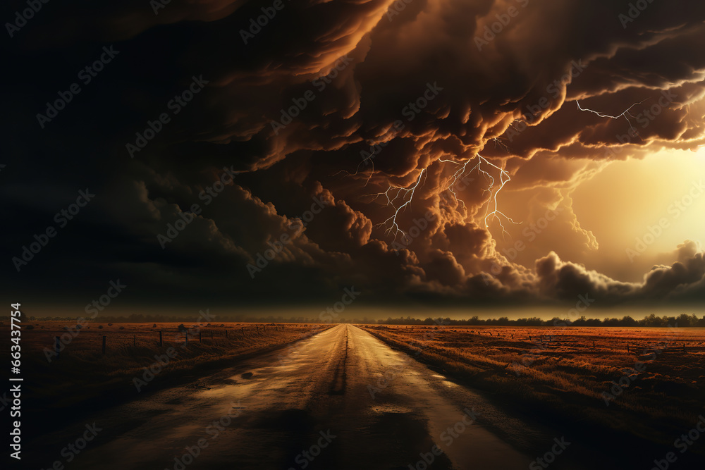  road under stormy sky with a long view in front, generative ai