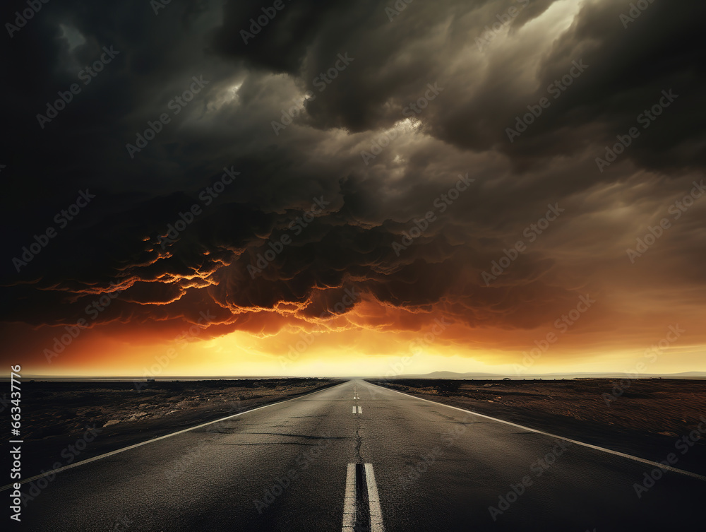  road under stormy sky with a long view in front, generative ai
