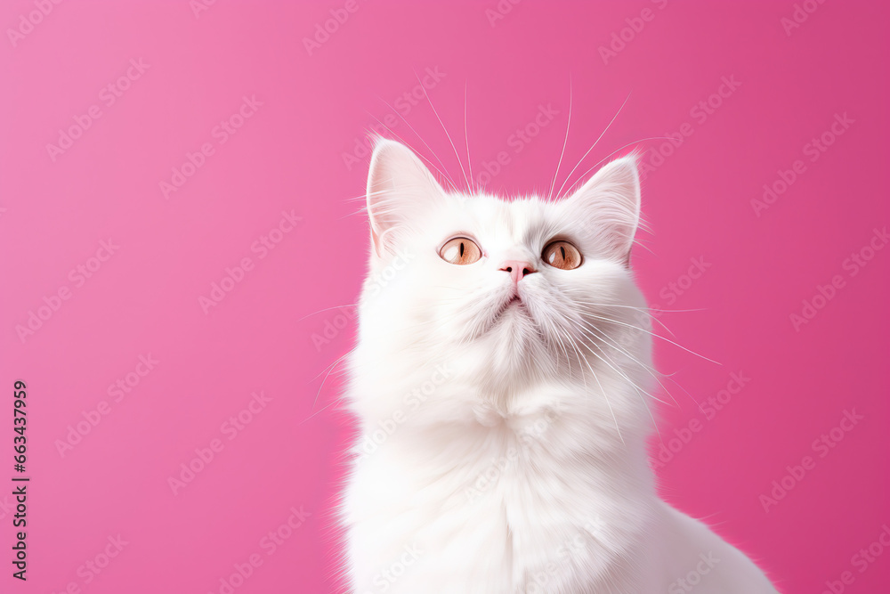 white cat looking up at pink background, surprised look, generative ai 