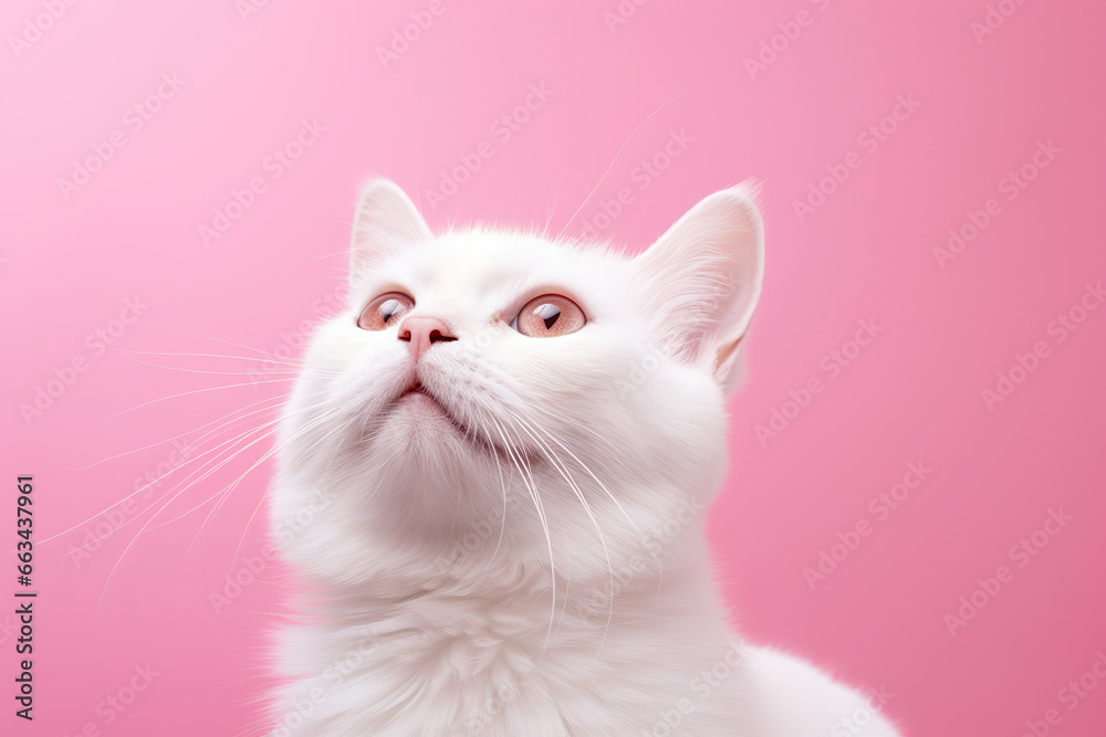 white cat looking up at pink background, surprised look, generative ai 