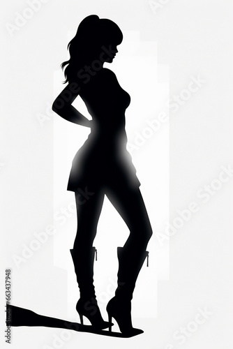 Silhouette of a woman in short dress standing. Black color.