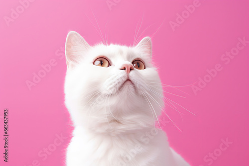 white cat looking up at pink background, surprised look, generative ai 