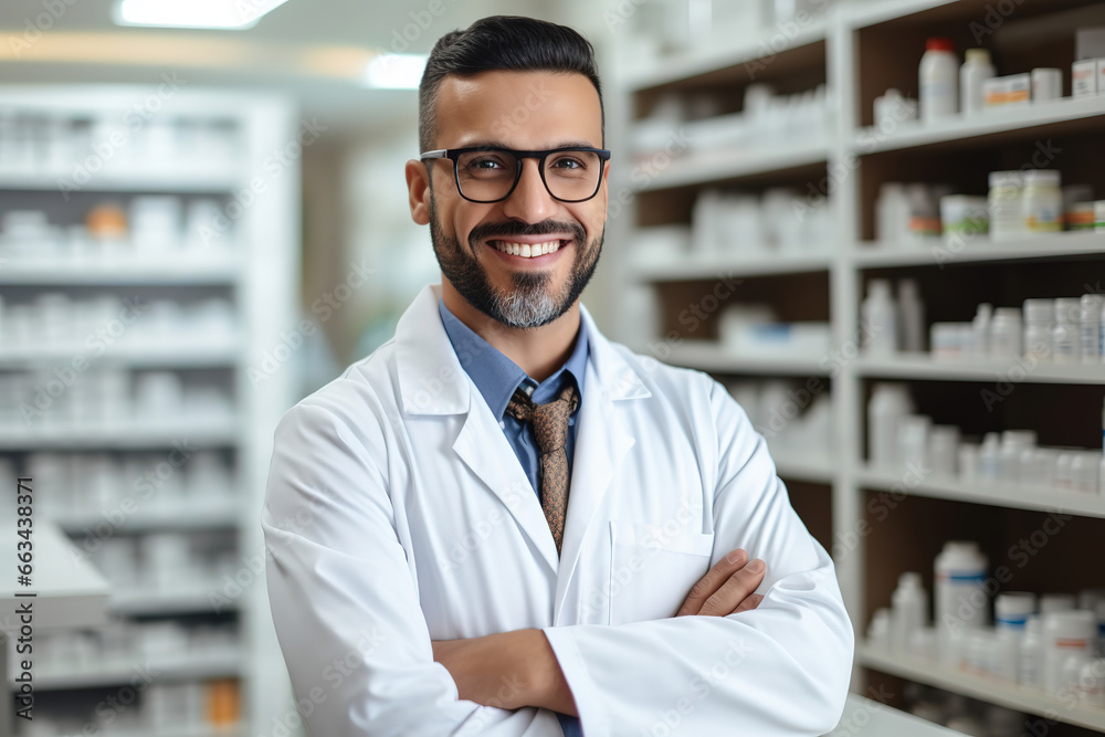 Smiling pharmacist working at cabinet in pharmacy, generative ai 