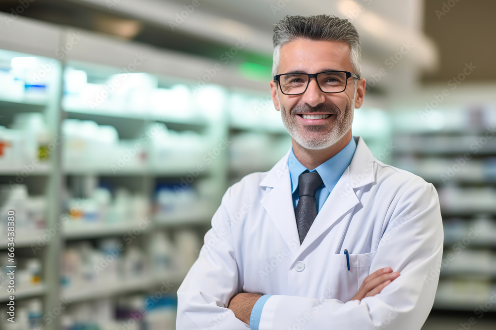 Smiling pharmacist working at cabinet in pharmacy, generative ai Smiling pharmacist working at cabinet in pharmacy, generative ai