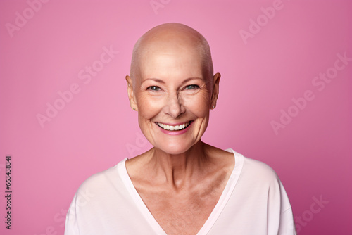 Adult woman with shaved head, positive with fight against cancer. AI Generated