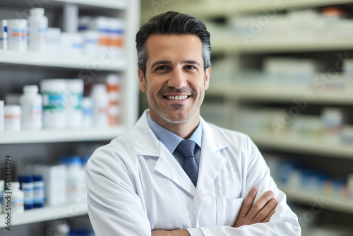 Smiling pharmacist working at cabinet in pharmacy, generative ai 