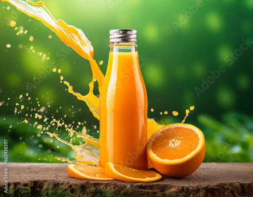 bottle of orange juice with orange jiuce splash out side the bottle on green nature background, healthy nutrition, copy space, freshness photo