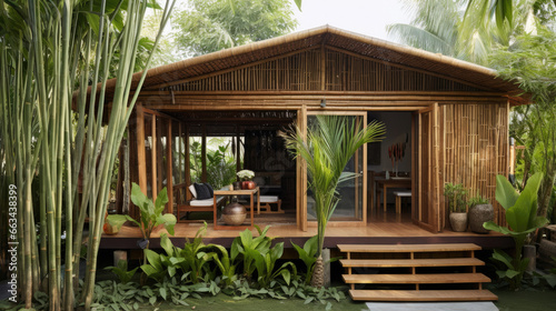 A small one-story house amidst a bamboo garden. Made from local materials Combined with exterior decorative glass Located in the northeastern region of Thailand. © Sasint
