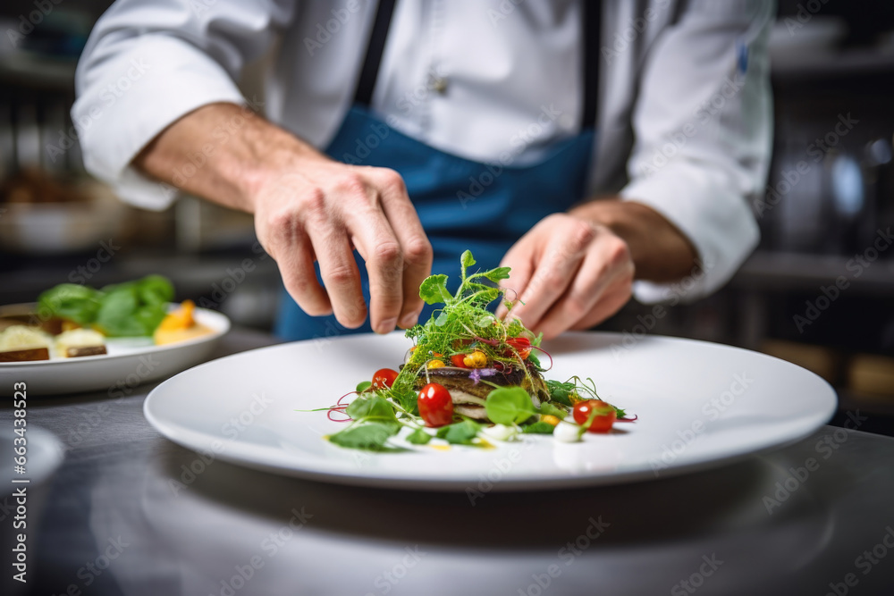 Chef prepares food in restaurant. Close up shot of male hands decorated dish in kitchen