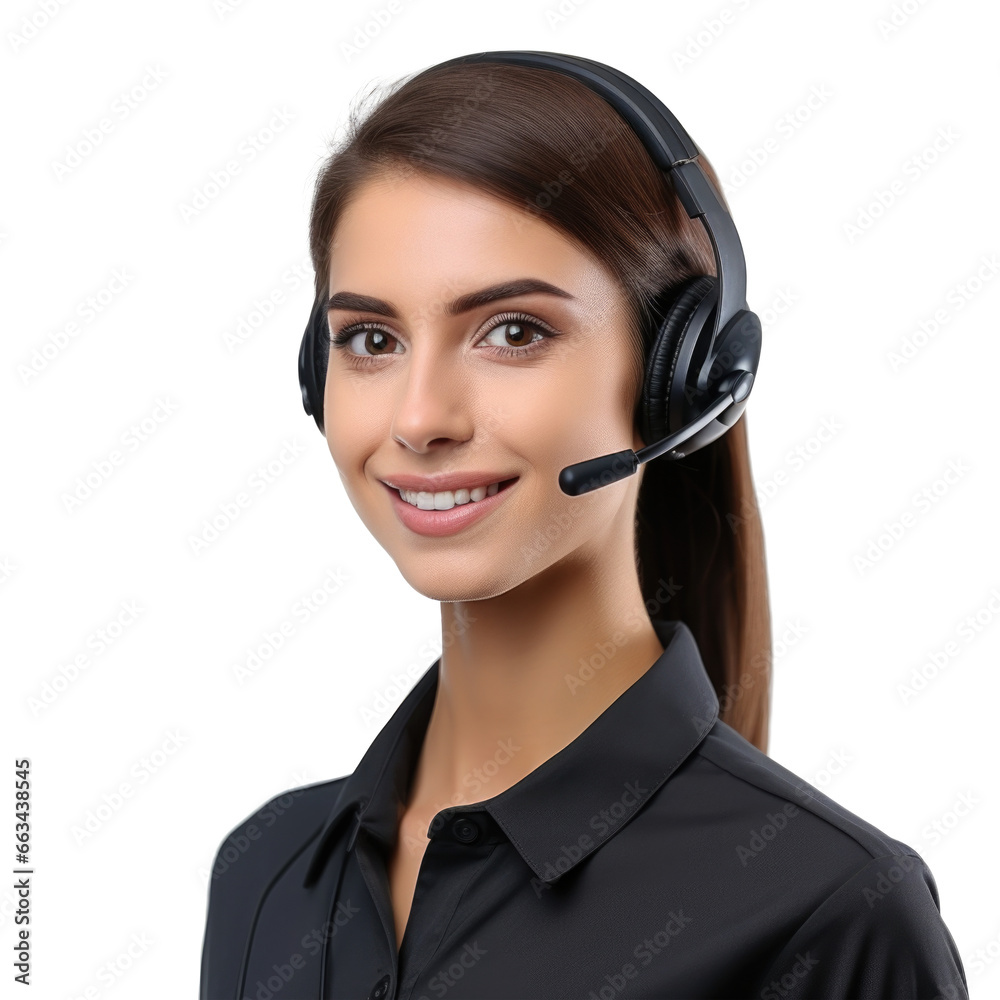 Female call center agent with headset isolated on white background. Technical support employee at work Female call center agent with headset isolated on white background. Technical support employee at work