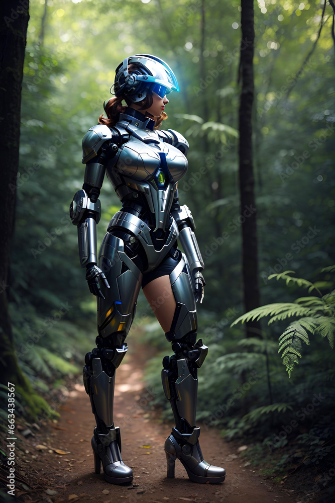 Fototapeta premium cyborg woman exploring the forest, generative ai illustration, science fiction scenery