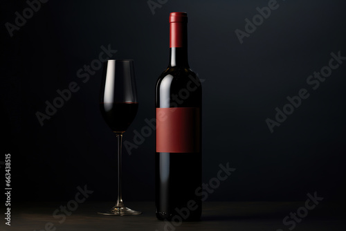 red wine bottle with medium empty label on a dark background, generative ai 