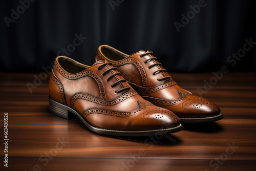 Male classic shoes on dark background. Leather stylish shoes, close up