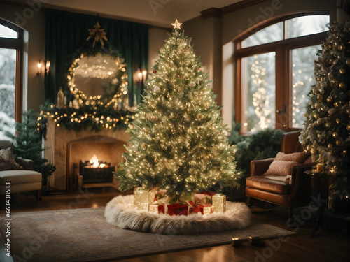 A majestic evergreen adorned with sparkling lights  shimmering ornaments  and delicate tinsel  standing tall in a cozy living room