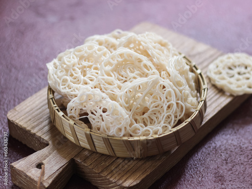 Kerupuk Kembang Mawar Mentah or Raw Rose Crackers, Indonesian Traditional Cracker Made from Strach, Main Ingredients Making Seblak Viral