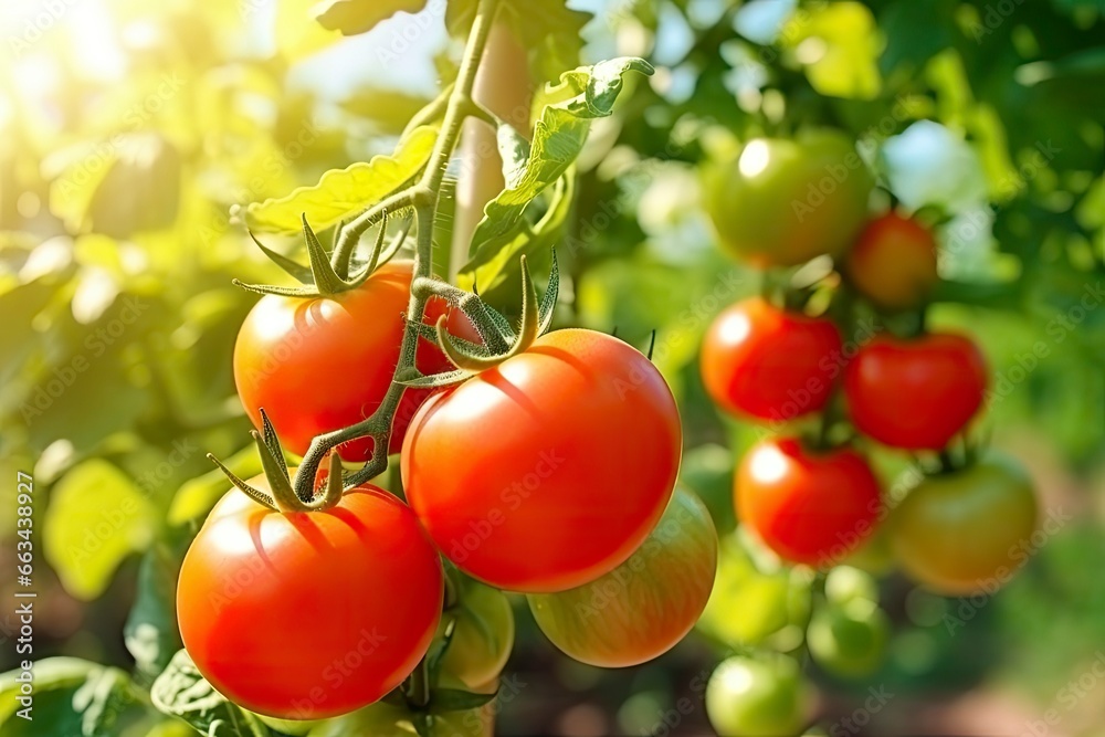 Fresh bunch of red natural tomatoes on a branch in vegetable garden. Fresh bunch of red natural tomatoes on a branch in vegetable garden.