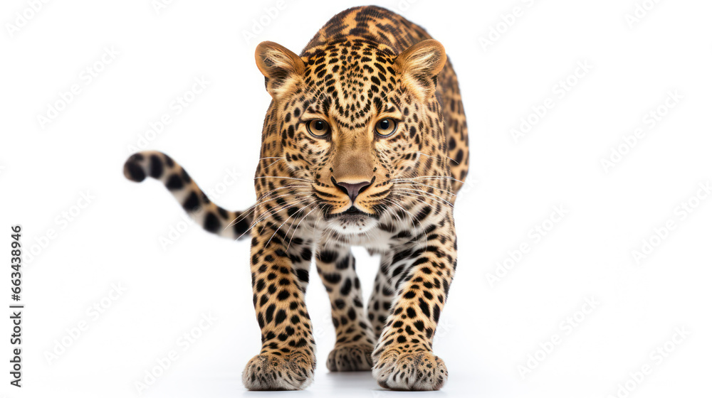 Leopard looking at camera isolated on white background and copy space Leopard looking at camera isolated on white background and copy space