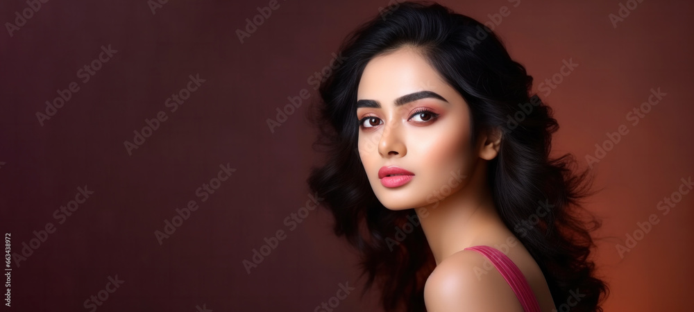 Asian model fashion India, beautiful female with makeup style touch face perfect skin, long shiny hair, natural beauty glowing smooth skin, Facial treatment, Cosmetology, plastic surgery concept