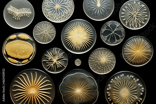 Diatoms, microfossils of algae, like golden yellow phytoplankton made of silica. Generative AI