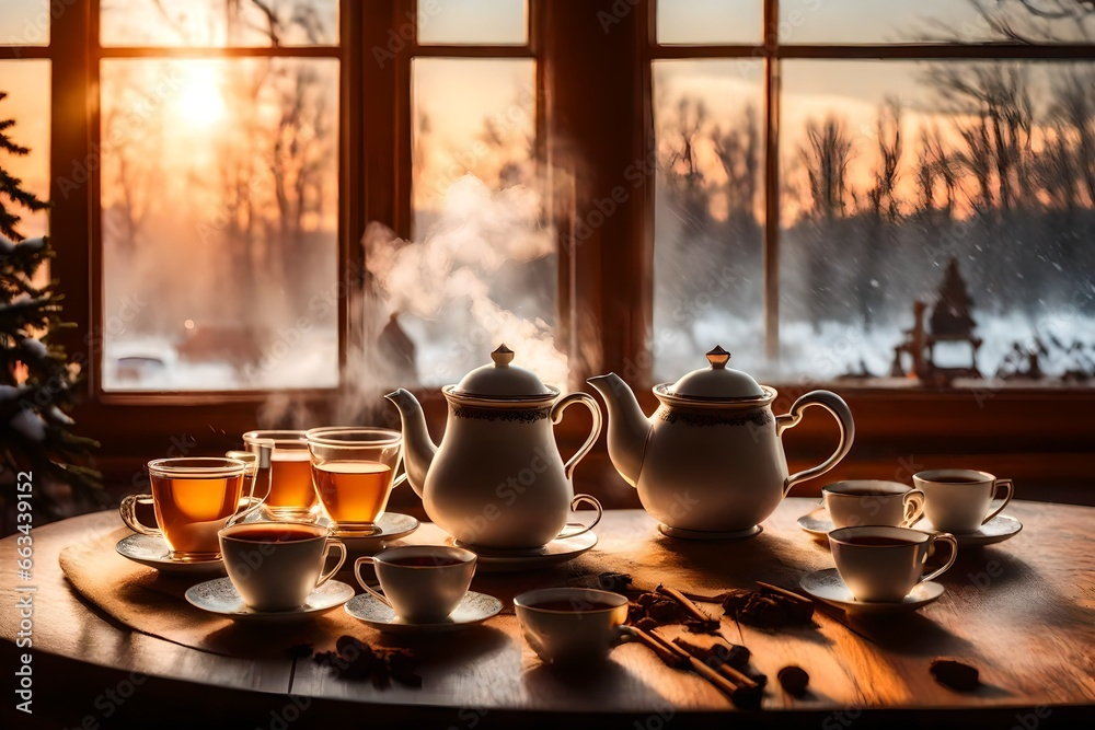 teapot and cups on the table teapot and cups on the table