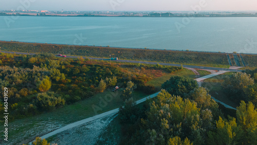 Aerial view over Danube river near Bratislava  Slovakia. The Photography was shoot from a drone at a higher altitude above the river in the morning at sunrise.