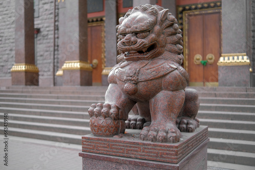 Lions guarding the temple. Datsan Gudzechoimei is a Buddhist temple on Primorsky Avenue with a rich century-old history. 