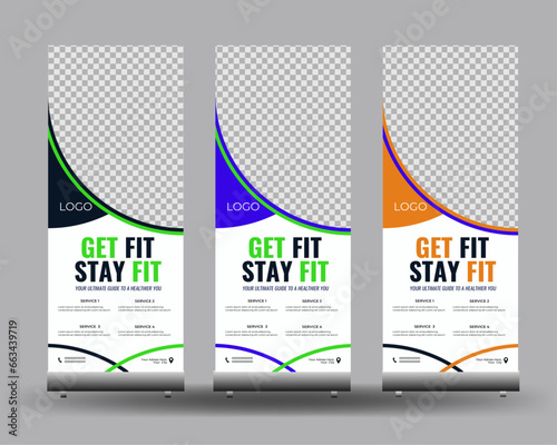 Vector fitness creative gym roll up banner template
