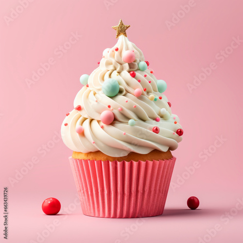 Pink cupcake with a Christmas tree. Minimalism. 