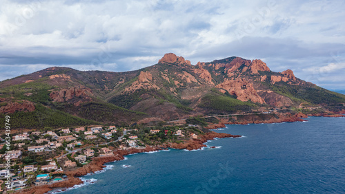 Aerial view of Rocher Saint-Barthélémy at French Riviera. In the photo can be seen the beautiful Rocher Saint-Barthélémy and the coast, shoot from a drone at a higher altitude.
