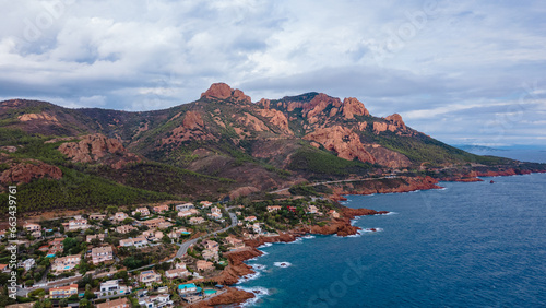 Aerial view of Rocher Saint-Barthélémy at French Riviera. In the photo can be seen the beautiful Rocher Saint-Barthélémy and the coast, shoot from a drone at a higher altitude.