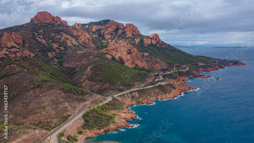 Aerial view of Rocher Saint-Barthélémy at French Riviera. In the photo can be seen the beautiful Rocher Saint-Barthélémy and the coast, shoot from a drone at a higher altitude.