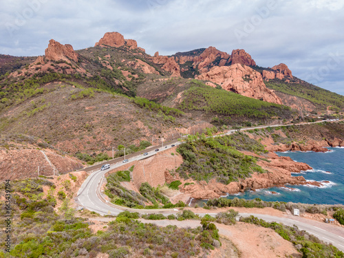 Aerial view of Rocher Saint-Barthélémy at French Riviera. In the photo can be seen the beautiful Rocher Saint-Barthélémy and the coast, shoot from a drone at a higher altitude.