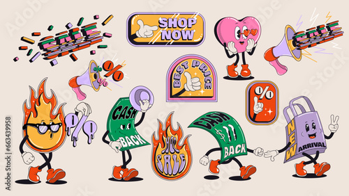 Retro vintage styled shopping stickers or icons collection for a store sale, black friday, online promotion or social media posts. Vector illustration