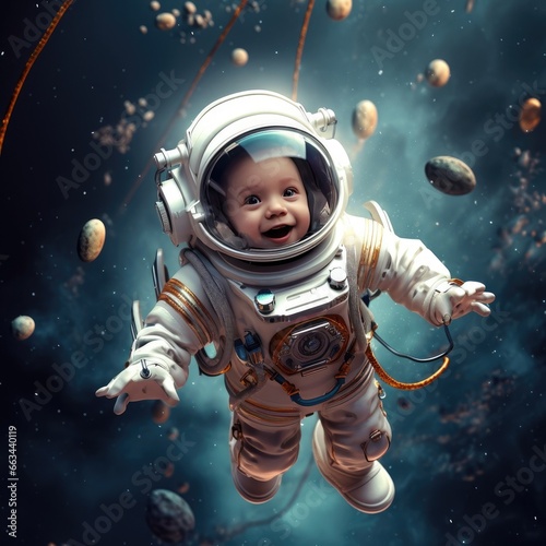 A cheerful baby astronaut in space. The baby dressed in a space suit is flying in space among planets and space objects. Exploring the world and the space around him.