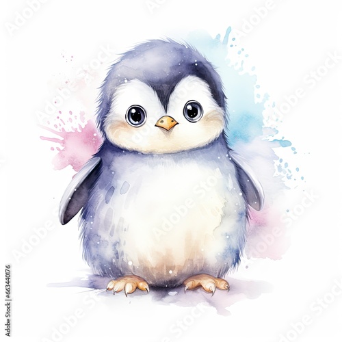 Watercolor fantasy Baby Penguin clip art isolated white background.
