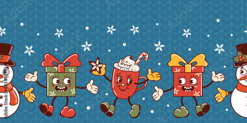 Snowman, Christmas gift, hot chocolate mug, candy cane. Cute old retro cartoon style characters dancing. Horizontal seamless border. Knitted ugly sweater. Snowfall. wallpaper, packaging, background
