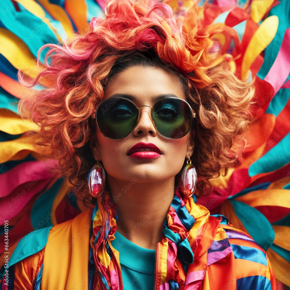 A woman vibrant and eccentric personality, captured in a colorful and abstract rendering._1