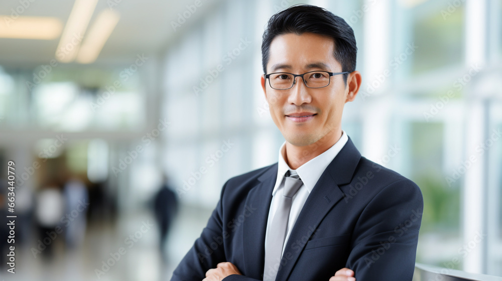 An Asian businessman in a sleek office environment, multicultural business people, with copy space, blurred background An Asian businessman in a sleek office environment, multicultural business people, with copy space, blurred background