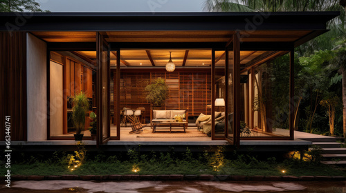 A small one-story house amidst a bamboo garden. Made from local materials Combined with exterior decorative glass Located in the northeastern region of Thailand. photo