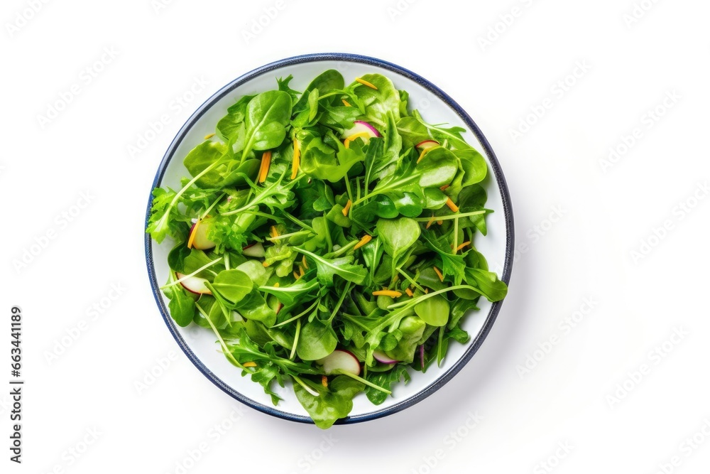 Healthy fresh green salad plate shot from above on white background. Healthy fresh green salad plate shot from above on white background.