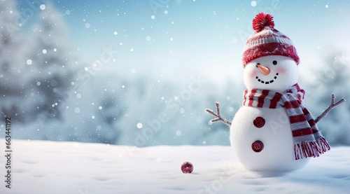 Happy snowman in the winter scenery. © MstHafija