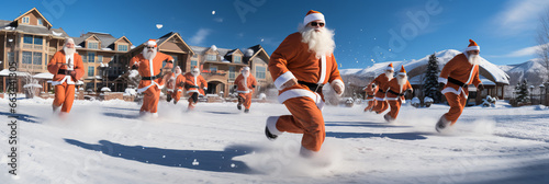 Santa race in the snow at a high-end ski resort - wide shot - low angle view - e green blue skies - action shot - landscape - banner 