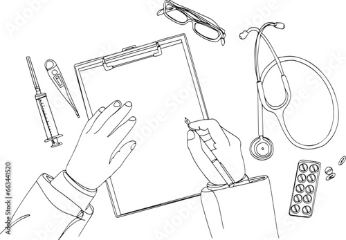Continuous Line Drawing of Hospital Doctor: Vector Illustration of Physician Writing Patient Notes, One Continuous Line Art of Doctor: Vector Illustration of Medical Professional with Stethoscope, Med